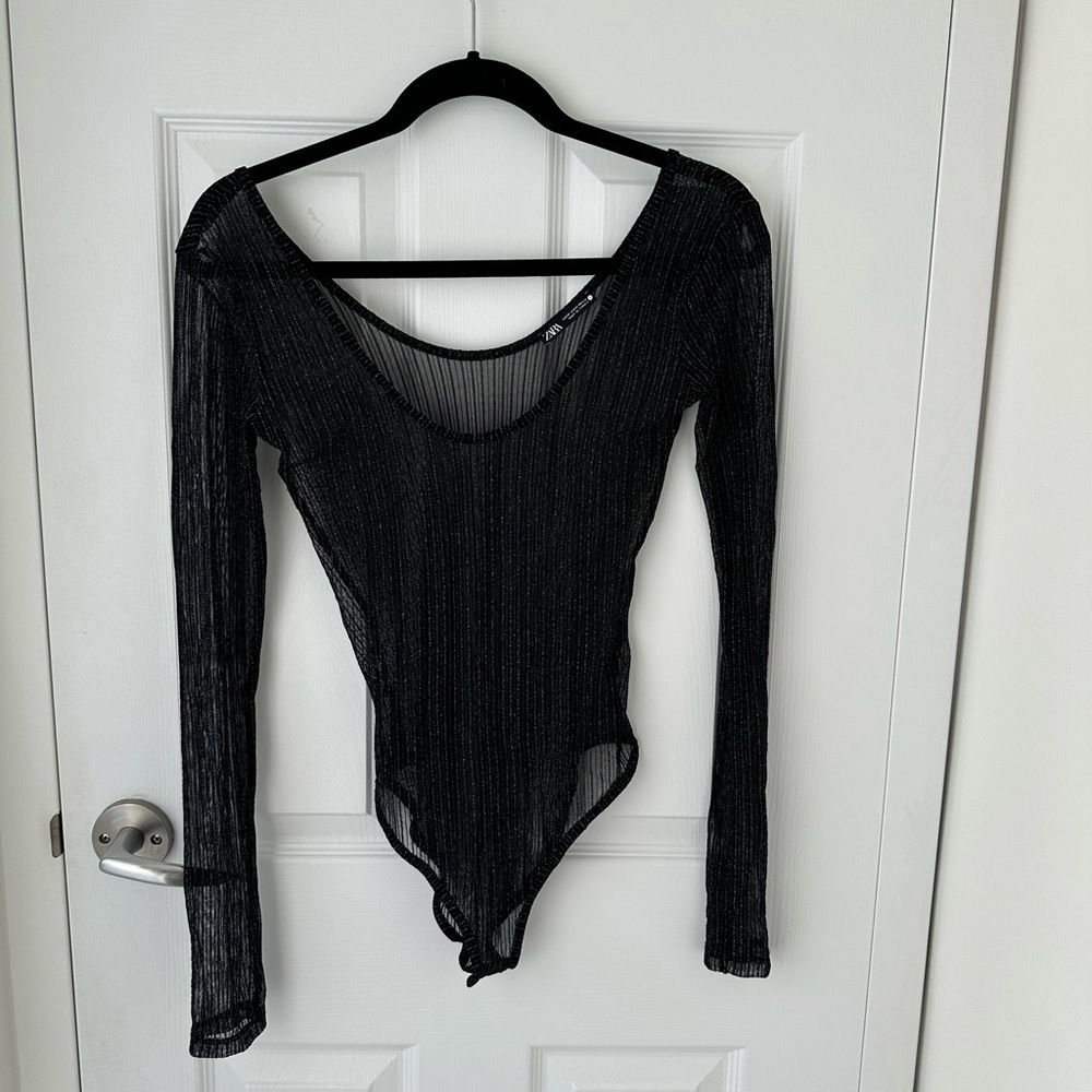 Zara Black Sheer Long Sleeve Sparkly Glam Witchcore Whimsigoth Bodysuit Medium
